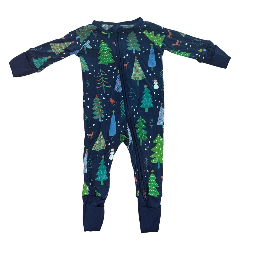 Little Sleepies Zippy Pajamas Kids Newborn Navy Christmas Trees Bamboo Zippie